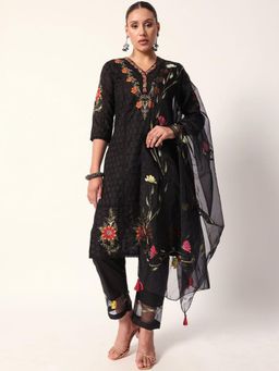 ISHIN - Women Black Cotton Kurta with Pant and Dupatta