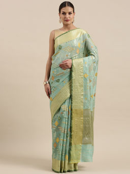 Banarasi Silk Works - Sea Green Mulberry Silk Geometrical Motif Tilfi Saree with Unstitched Blouse