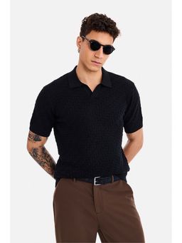 Snitch - Black Textured Collar Neck Polo T-Shirt