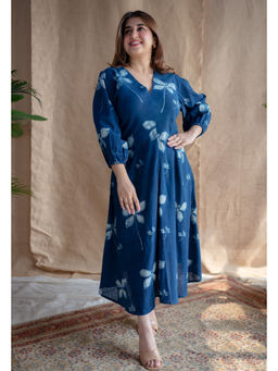 The Indian Ethnic Co. - Indigo A-Line Dabu Slub Cotton Hand Block Printed Midi Dress