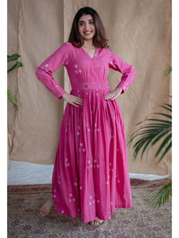 The Indian Ethnic Co. - Pink A-Line Dabu Slub Cotton Hand Block Printed Maxi Dress