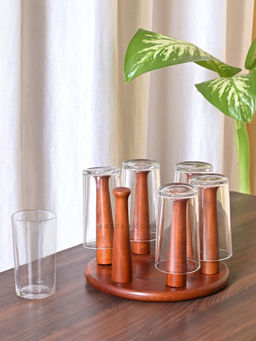 Brick Brown - Brown Hexa Wooden Glass Stand for Kitchen