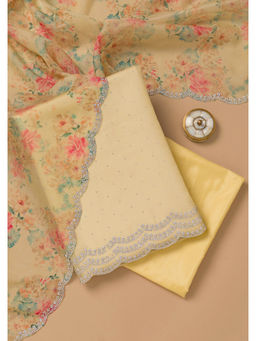 Koskii - Lemon Yellow Swarovski Organza Unstitched Salwar Suit with Dupatta (Set Of 3)