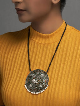 Divas Mantra - Timeless call Round Peacock Pendant with Green & Red Kundan & CZ Stone and Pearls