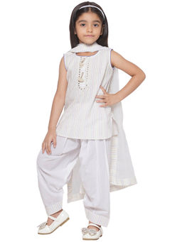 Little Bansi - Girls Thread Work Kurta with Salwar and Dupatta - White (Set of 3)