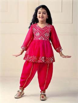 Titrit - Pink Full Sleeves Embroidered Kurti with Dhoti (Set of 2)