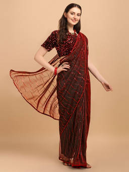 Amrutam Fab - Womens Embellished Net Red Saree With Sequences Unstitched Blouse Piece
