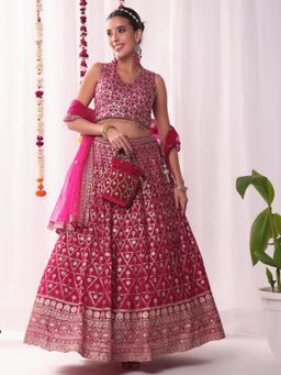 Chhabra 555 - Women Pink Embroidered Lehenga with Choli and Dupatta (Set of 3)