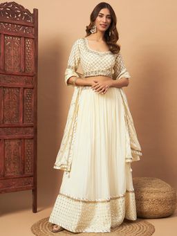 Chhabra 555 - Women Cream Embroidered Lehenga with Choli and Dupatta (Set of 3)