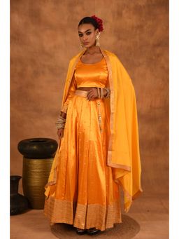 LAALZARI - Women Yellow Silk Embroidered Lehenga with Choli and Dupatta (Set of 3)