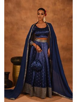 LAALZARI - Women Blue Silk Embroidered Lehenga with Choli and Dupatta (Set of 3)