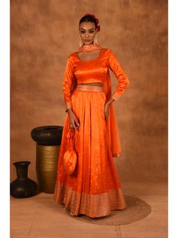 LAALZARI - Women Orange Silk Embroidered Crop Top with Skirt and Dupatta (Set of 3)