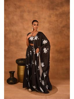 LAALZARI - Women Black Satin Floral Crop Top with Skirt and Dupatta (Set of 3)