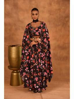 LAALZARI - Women Black Crepe Floral Crop Top with Skirt and Dupatta (Set of 3)