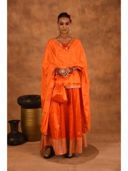 LAALZARI - Women Orange Silk Embroidered Kurti with Skirt and Dupatta (Set of 3)