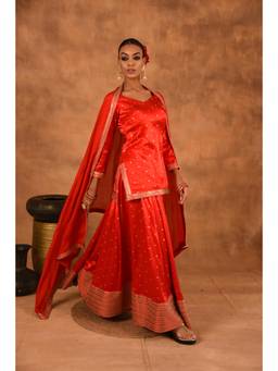 LAALZARI - Women Red Silk Embroidered Kurti with Skirt and Dupatta (Set of 3)