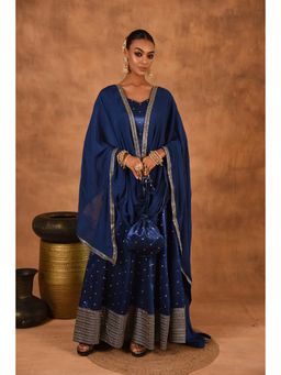 LAALZARI - Women Blue Silk Embroidered Kurti with Skirt and Dupatta (Set of 3)