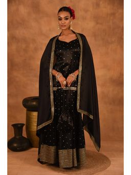 LAALZARI - Women Black Silk Embroidered Kurti with Skirt and Dupatta (Set of 3)