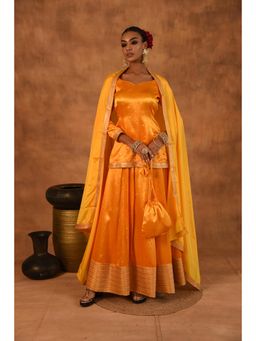 LAALZARI - Women Yellow Silk Embroidered Kurti with Skirt and Dupatta (Set of 3)