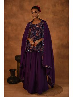 LAALZARI - Women Purple Crepe Floral Kurti with Skirt and Dupatta (Set of 3)