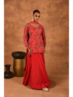 LAALZARI - Women Red Crepe Floral Kurti with Skirt and Dupatta (Set of 3)