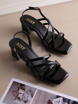 GNIST - Square Toe Strappy Black Block Sandal Heels