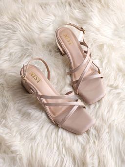 GNIST - Square Toe Strappy Beige Block Sandal Heels