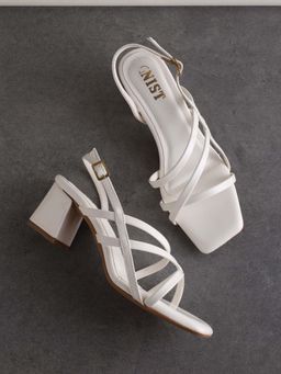 GNIST - Square Toe Strappy White Block Sandal Heels