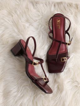 GNIST - Casual T-Strap Cherry Maroon Block Heels