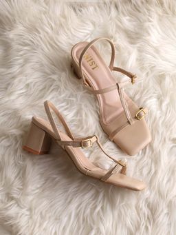 GNIST - Casual T-Strap Beige Block Heels