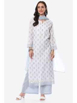 Biba - White Cotton Unstitched Suit (Set of 3)