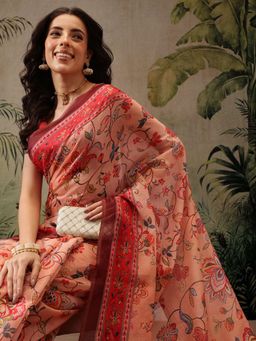 Silk Land - Peach Women Cotton Blend Digital Floral Printed Saree with Unstitched Blouse
