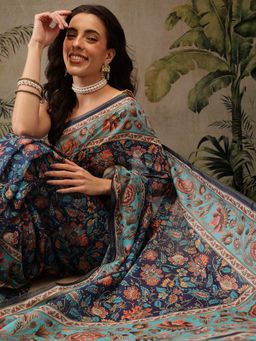 Silk Land - Blue Women Cotton Blend Digital Floral Printed Saree with Unstitched Blouse