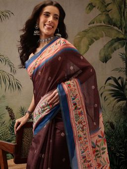 Silk Land - Brown Women Cotton Blend Paithani Digital Printed Saree with Unstitched Blouse