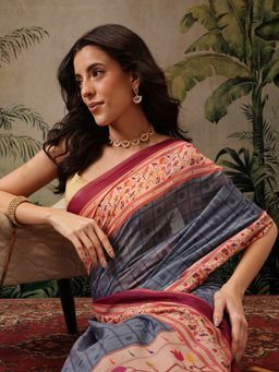 Silk Land - Grey Women Cotton Blend Paithani Digital Printed Saree with Unstitched Blouse