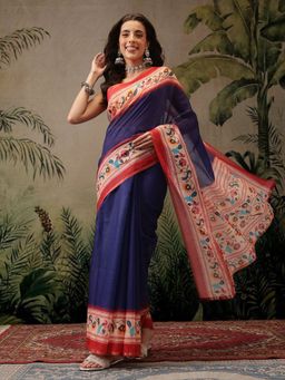 Silk Land - Navy Blue Women Cotton Blend Paithani Digital Printed Saree with Unstitched Blouse