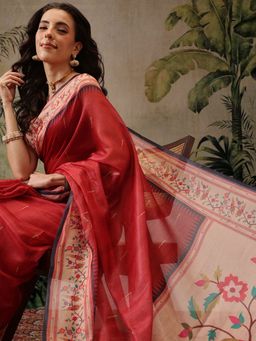 Silk Land - Maroon Women Cotton Blend Paithani Digital Printed Saree with Unstitched Blouse