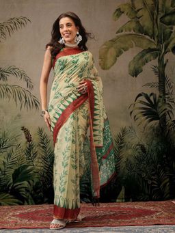 Silk Land - Womens Beige Digital Printed Saree with Unstitched Blouse