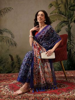 Silk Land - Blue Women's Kalamkari Digital Printed Saree with Unstitched Blouse