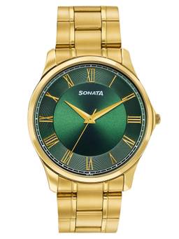 Sonata - Traditional Essentials Green Dial Gold-Tone Stainless Steel Strap Watch - 77163YM07W (M)