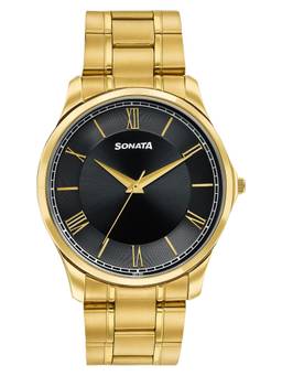 Sonata - Traditional Essentials Black Dial Gold-Tone Stainless Steel Strap Watch - 77163YM08W (M)