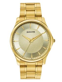 Sonata - Traditional Essentials Gold Dial Gold-Tone Stainless Steel Strap Watch - 77163YM09W (M)