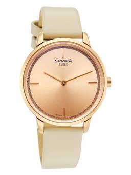 Sonata - Sleek Women Rose Gold Dial Beige Leather Strap Watch - 8200WL01 (M)