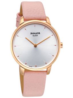 Sonata - Sleek Women Silver Dial Blush Pink Leather Strap Watch - 8200WL02 (M)