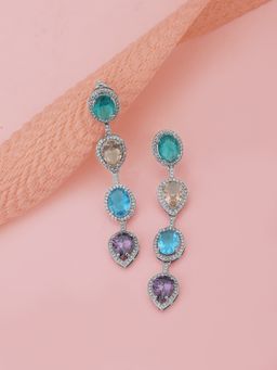 Carlton London - Premium Silver Toned Cubic Zirconia Studded Rhodium-Plated Contemporary Drop Earrings