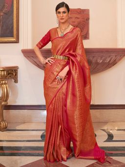 Akhilam - Womens Silk Blend Red Woven Designer Saree with Unstitched Blouse