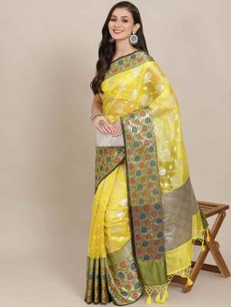 Silk Land - Heavy Banarasi Zari Woven Saree with Unstiched Blouse Piece Yellow with Unstitched