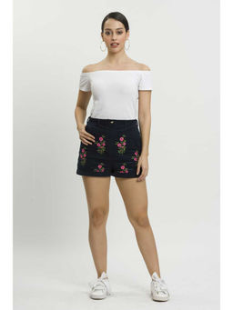 How When Wear - Black Corduroy Embroidered Shorts