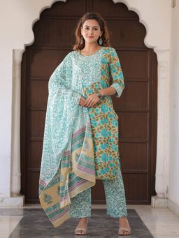 Jaipur Kurti - Turquoise Blue Printed Straight Kurta with Palazzo & Gotta Taping Dupatta (Set of 3)