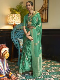 Akhilam - Womens Silk Blend Sea Green Woven Designer Saree with Unstitched Blouse